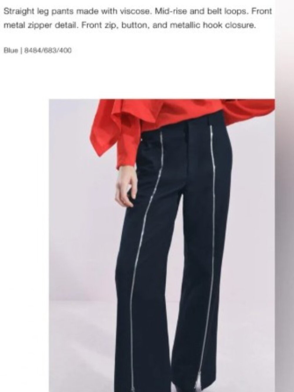 Zara Woman Collection Straight Leg Zip Detail Pants Navy XL Wide Leg Trousers